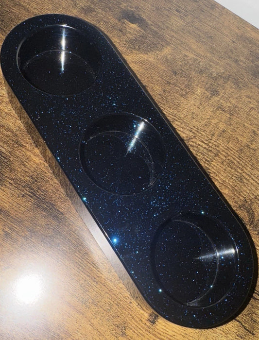 Unique Handmade Resin Triple Candle Holder – Black with Blue Glitter – Gift